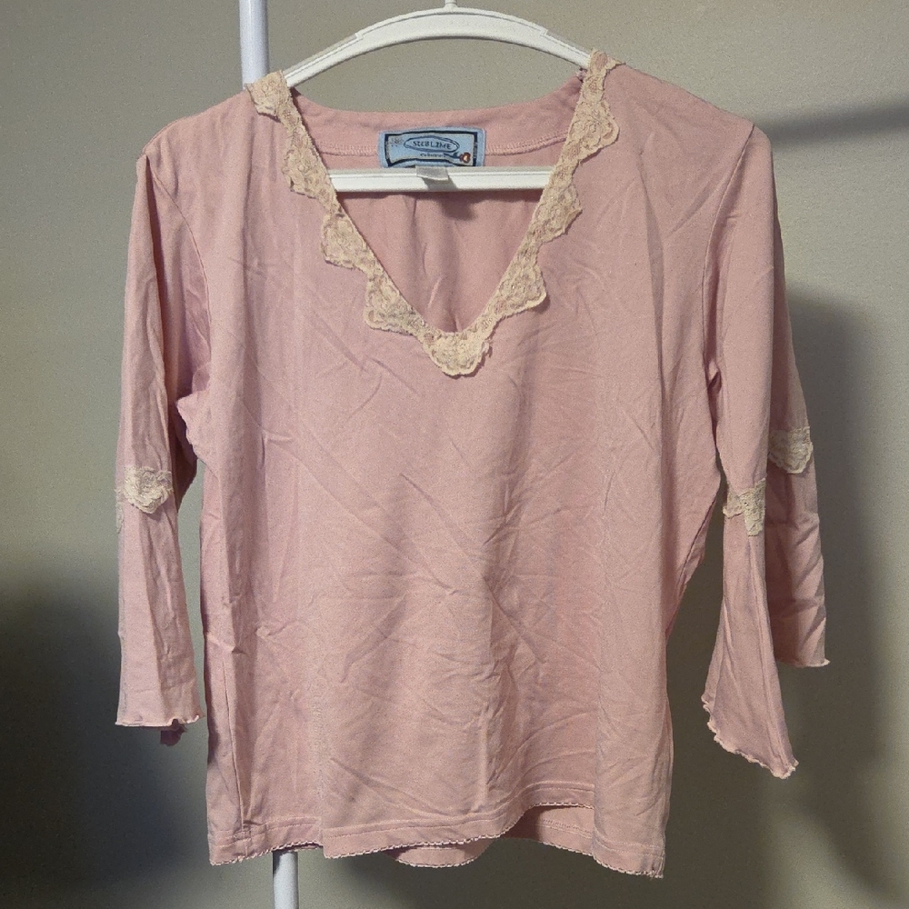 Soft Pink Lace-Trim Long Sleeve Top